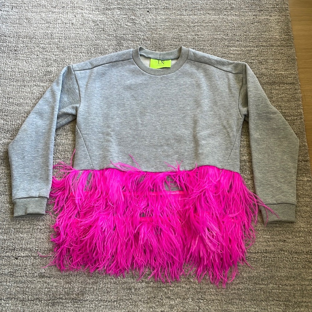 LN family Heather grey sweatshirt with pink feather trim (size S)